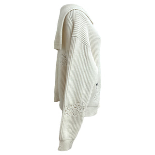 Christian Dior White Distressed Knit Hoodie With Bee Embroidery