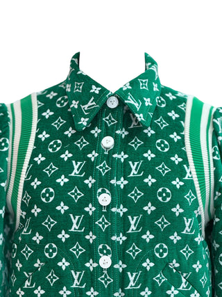 Louis Vuitton Green Monogram Button-Up Knit Jacket With Striped Trim