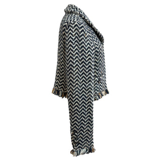 Chanel Navy & Cream Chevron Tweed Fringed Jacket