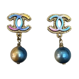 Chanel Pastel Enamel CC Logo Pearl Drop Earrings