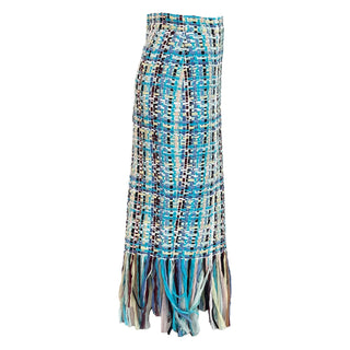 Chanel Blue Multicolor Tweed Pencil Skirt with Fringe Hem