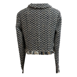 Chanel Navy & Cream Chevron Tweed Fringed Jacket