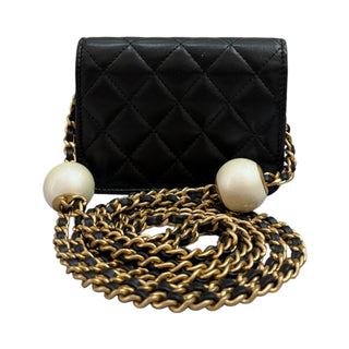 Chanel Mini Pearl-Embellished Classic Flap Bag In Black Lambskin With Gold Hardware