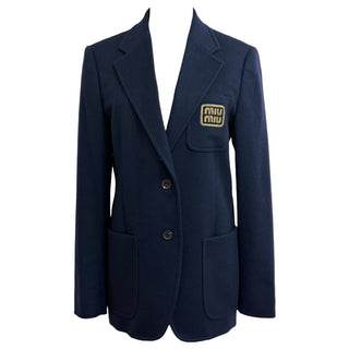 Miu Miu Navy Wool Tailored Blazer With Logo Crest Patch