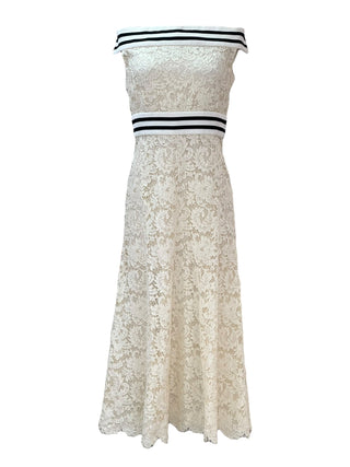 Chanel Cream Floral Lace Off-Shoulder Dress With Striped Knit Trim