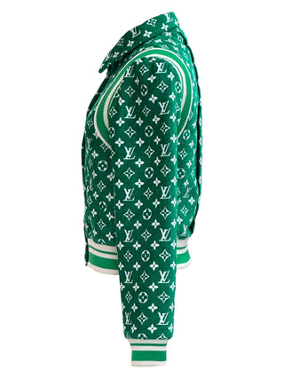 Louis Vuitton Green Monogram Button-Up Knit Jacket With Striped Trim