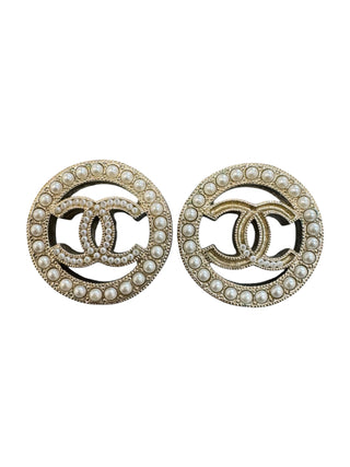 Chanel Round Pearl-Embellished Earrings With Open CC Logo Design