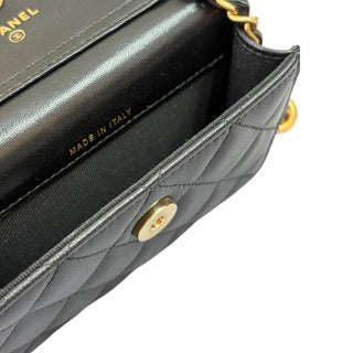 Chanel Mini Pearl-Embellished Classic Flap Bag In Black Lambskin With Gold Hardware