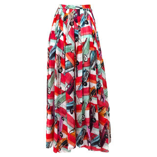 Chanel 50s Car Print Silk Halter Top and Maxi Skirt Set with Detachable Sleeves
