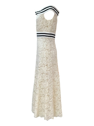 Chanel Cream Floral Lace Off-Shoulder Dress With Striped Knit Trim