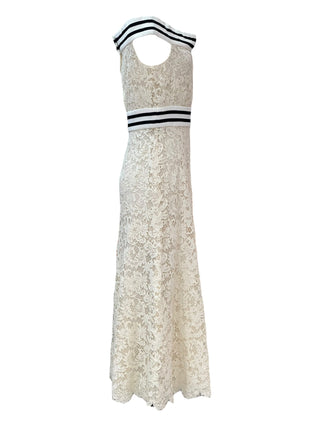 Chanel Cream Floral Lace Off-Shoulder Dress With Striped Knit Trim