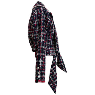 Chanel Navy Red & White Checked Tweed Tie-Front Jacket