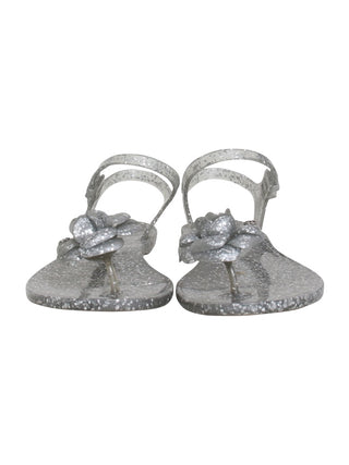 Chanel Silver Jelly Camellia Ankle Strap Sandals