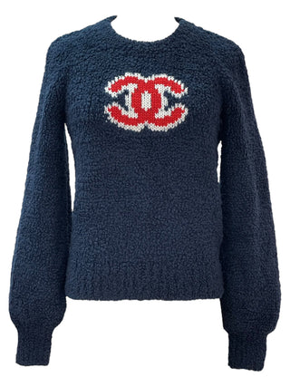 Chanel Navy Bouclé Fleece Knit Pullover with Red Intarsia CC Logo
