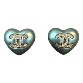 Chanel Light Blue Metallic Heart Crystal CC Stud Earrings