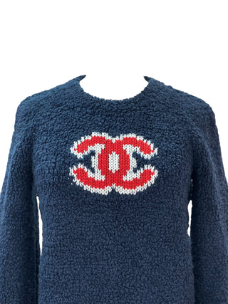 Chanel Navy Bouclé Fleece Knit Pullover with Red Intarsia CC Logo