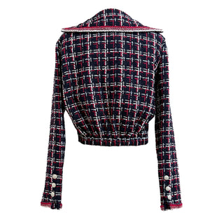 Chanel Navy Red & White Checked Tweed Tie-Front Jacket