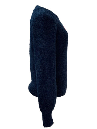 Chanel Navy Bouclé Fleece Knit Pullover with Red Intarsia CC Logo