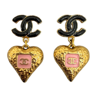 Chanel Black CC Enamel & Pink Heart Drop Earrings