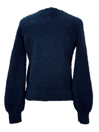 Chanel Navy Bouclé Fleece Knit Pullover with Red Intarsia CC Logo