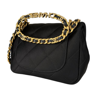 Chanel Black Satin Quilted Mini Flap Bag with Crystal “CHANEL” Letter Top Handle
