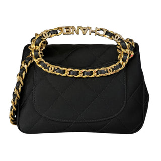 Chanel Black Satin Quilted Mini Flap Bag with Crystal “CHANEL” Letter Top Handle