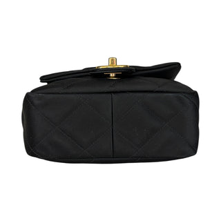 Chanel Black Satin Quilted Mini Flap Bag with Crystal “CHANEL” Letter Top Handle