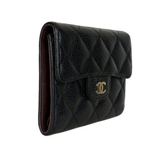 Chanel Black Caviar Quilted Compact Wallet With Gold CC Logo