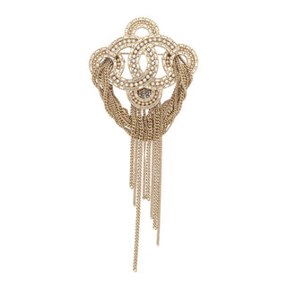 Chanel Champagne Gold Tassel And Pearl CC Pin Brooch