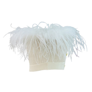 Alessandra Rich Cream Feather-Trimmed Knit Crop Top with Button Detail