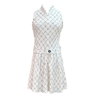 Chanel Cream Tweed Sleeveless Dress with Belted Waist & CC Button