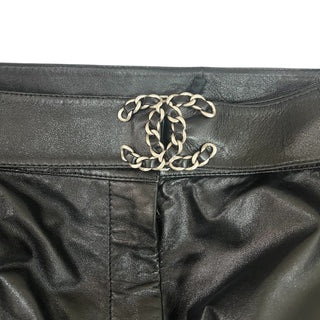 Chanel Black Lambskin Leather Pants with CC Chain Belt Detail