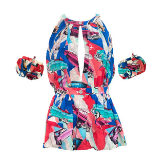 Chanel 50s Car Print Silk Halter Top and Maxi Skirt Set with Detachable Sleeves