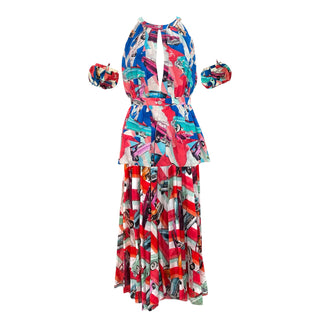 Chanel 50s Car Print Silk Halter Top and Maxi Skirt Set with Detachable Sleeves