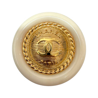 Chanel Ivory Resin Round Medallion Brooch With Gold CC Emblem