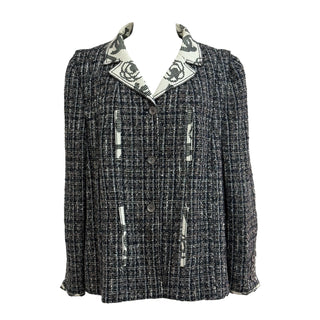 Chanel Black & White Tweed Jacket with CC Logo Collar Trim