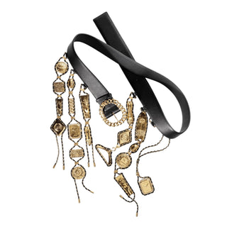 Chanel Black Leather Belt with Gold Chain Buckle and Hanging Medallion Charms