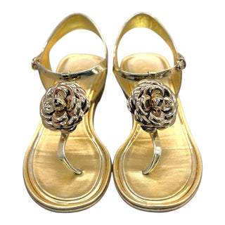 Chanel Camelia T-strap Sandals in Gold Leather