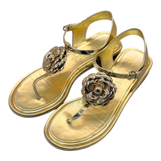 Chanel Camelia T-strap Sandals in Gold Leather
