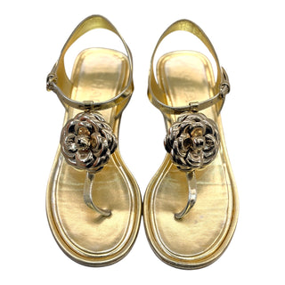 Chanel Camelia T-strap Sandals in Gold Leather