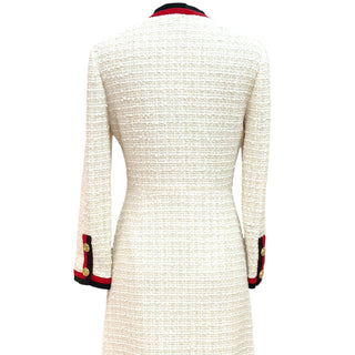 Gucci Cream Tweed Midi Dress with Web Ribbon Trim & Gold Buttons