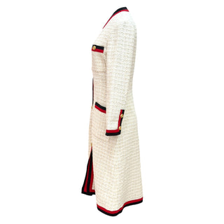 Gucci Cream Tweed Midi Dress with Web Ribbon Trim & Gold Buttons