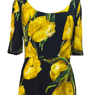 Dolce & Gabbana Yellow Tulip Print Stretch Silk Sheath Dress