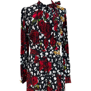 Dolce & Gabbana Rose Print Silk Midi Dress with Bow Detail