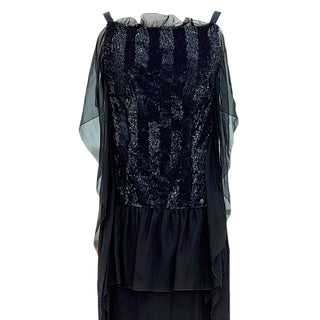 Chanel Black Silk Sequinned Sheer Draped Evening Gown