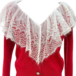 Louis Vuitton Red & Ivory Lace Trim Mohair Blend Cardigan