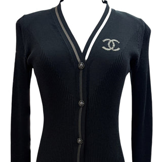 Chanel Black CC Logo Ribbed Knit Long Cardigan
