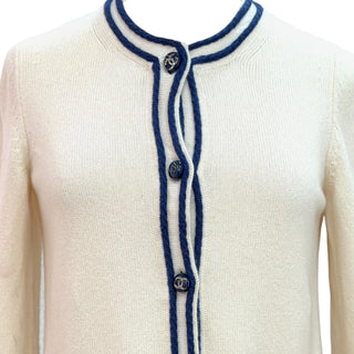Chanel Ivory Cashmere Cardigan with Navy Contrast Trim