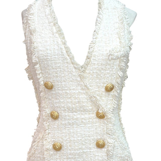 Balmain Ivory Tweed Double-Breasted Mini Dress with Gold-Tone Buttons