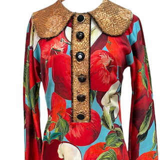 Dolce & Gabbana Multicolour Apple Print Silk Maxi Dress with Brocade Trim